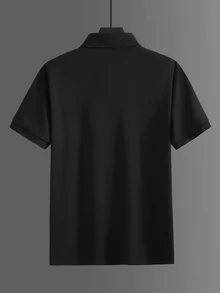 Calvornis 男士刺繡羅紋領純色紋理布料商務休閒短袖 Polo 衫，送給丈夫、男友的日常禮物，適用萬聖節、聖誕節、新年 - 黑色 - 查看 2