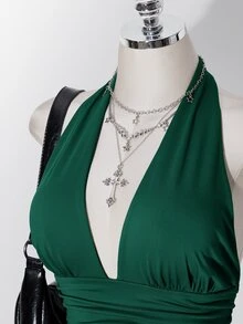 SHEIN ICON 大尺碼掛脖深V領收腰A字露背波點背心，復古Y2K掛脖波點背心，娃娃裝波點掛脖露背上衣 - 墨綠色 - 查看 6