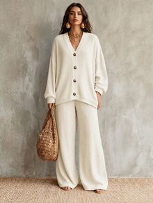 Glimmora New Women's Fashion Casual Versatile Ribbed Knit Cardigan & Pants Set - Apricot - View 7