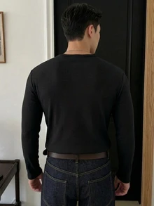 DAZY 男士白色羅紋布料長袖圓領半開扣純色T恤 - 黑色 - 查看 2