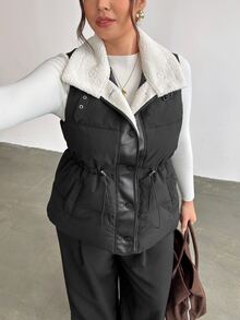 Firerie Plus Size Women Contrast Color Casual Daily Wear Winter Cotton Padded Vest - Black - View 5