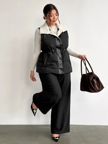 Firerie Plus Size Women Contrast Color Casual Daily Wear Winter Cotton Padded Vest - Black - View 8