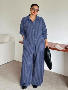 Dazy Plus Western Style Beach Vacation Solid Color Denim Effect Linen Material Loose Minimalist Spring Autumn Plus Size Women Two Pieces Set - Royal Blue - View 9