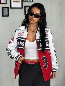 Coolane 女款與男款秋冬街頭風休閒運動賽車手出門穿搭圖案拉鍊式寬鬆長袖棒球衫賽車夾克 - 彩色 - 查看 4