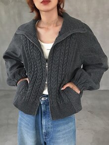 FRIFUL Women's Solid Color Zipper Casual Versatile Daily Wear Wool Blend Jacket - Grey - View 6