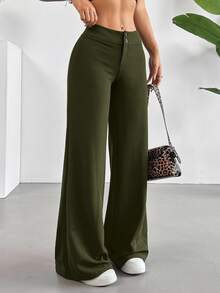 SHEIN Tall CURVE 女款大尺碼休閒極簡寬腿長褲 秋季 - 墨綠色 - 查看 3