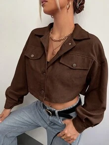 SHEIN EZwear 春秋穿搭落肩翻蓋設計短版燈芯絨夾克 秋冬款 - 棕色 - 查看 6