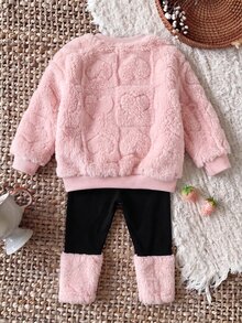 SHEIN Infant Girls Cute Fluffy Pink Floral Sweatshirt & Elastic Waist Long Pants Set - Pink - View 7
