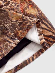 ROMWE Vacation Hippie Retro Floral Leopard Fruit Print Low Waist Bodycon Denim Skirt - Brown - View 5