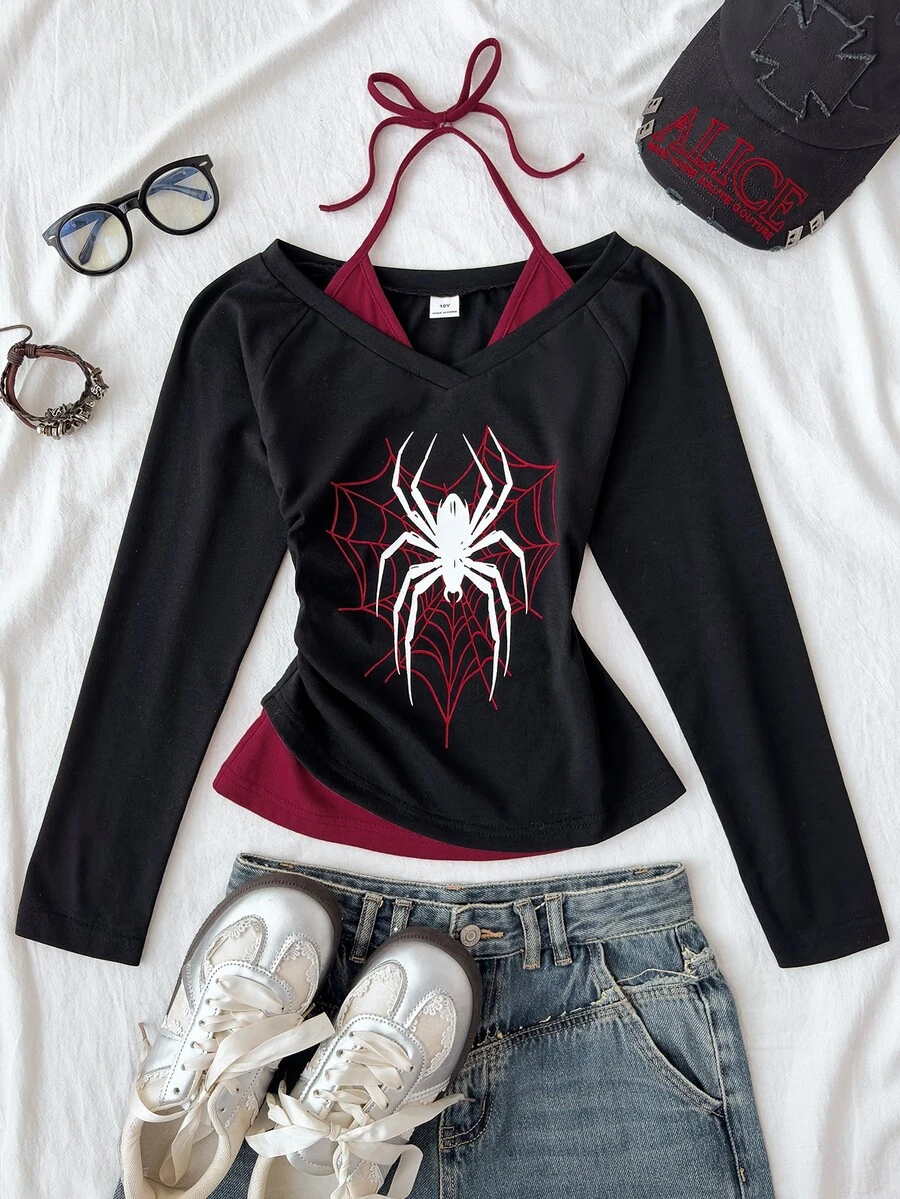 SHEIN Tween Girl Tween Girls Black Heart Web Spider Graphic Boat Neck Raglan Three Quarter Sleeve Slim Fit T-Shirt Cool Halloween Fall Winter Top - Black - View 1