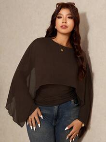 Elaquor Plus Size Round Neck Transparent Bell Sleeve Women's Top Fall/Winter Casual Elegant Office Business Work Top For Women Going Out Casual Top Women Fall - Coffee Brown - View 6