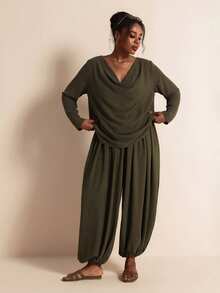 Elaquor Plus Size Women's Stacked Collar Long Sleeve Top And Pants 2 Pieces Set - Army Green - View 6