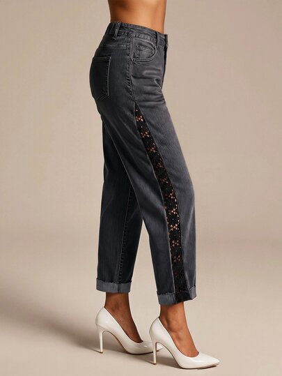 Selenza Plus Size Women's Side Lace Patchwork Pocket Cropped Jeans