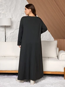 Lacomfia Plus Size Women Loose Casual A-Line Round Neck Long Sleeve Patchwork Floral Print Autumn Long Dress - Black - View 2