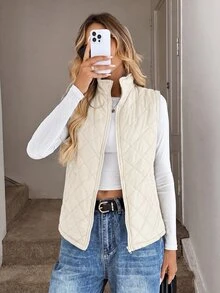 Easowa Zip Up Teddy Lined Vest Quilted Coat In Fall/Winter - Apricot - View 4