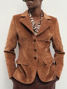 Aveloria Modichic Women's Blazer Fitted Waist Textured Corduroy Notch Lapel 3-Button Flap Pockets Padded Shoulder Office Business Brown Solid Vintage Casual Fall - Brown - View 5