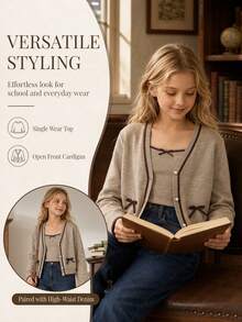 Jaket Sweater Pendek Anak Perempuan dengan Trim Kontras, Hiasan Pita, Leher V, dan Kancing Mutiara. - Unta - View 3
