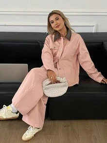 DAZY Setelan Denim Kasual Wanita Warna Pink dengan Kerah Kontras, Model Single-Breasted, dan Celana Panjang. - Berwarna merah muda - View 3
