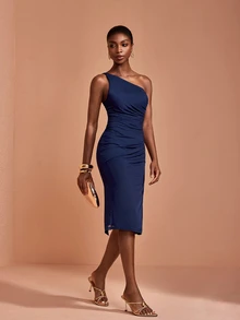 JIAN LASALA Mesh Sleeveless One Shoulder Ruched Elegant Midi Dress Party Vacation - Blue - View 6