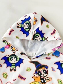 THE POWERPUFF GIRLS X SHEIN 1件青少年女孩休閒百搭彩色卡通圖案連帽寬鬆長袖衛衣，適合日常穿著、秋冬室內運動、攝影、節慶生日 - 彩色 - 查看 4