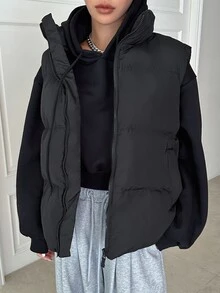 DAZY Women's Winter Comfortable Zipper Pocket Padded Vest Jacket - Black - View 4