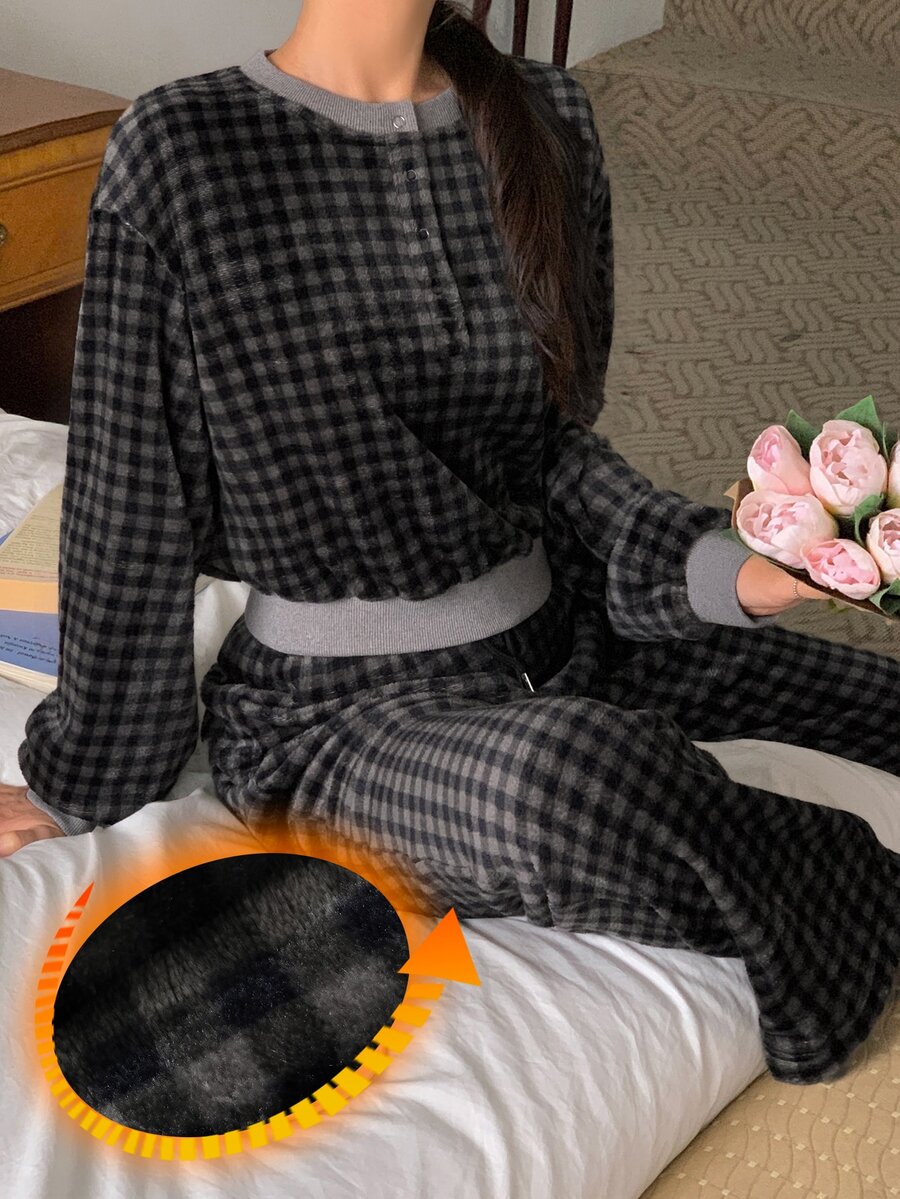 DAZY Women's Plaid Long Sleeve Top And Pants Casual Daily Home Pajama Set - Blue - View 1