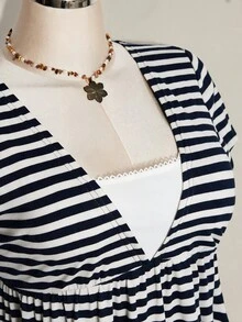 SHEIN ICON 女款大尺碼條紋兩件式休閒日常短袖T恤 - 藏蓝色 - 查看 7