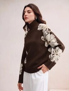 Anewsta 優雅時尚通勤風花卉水鑽鑲嵌女款針織衫 - 棕色 - 查看 6