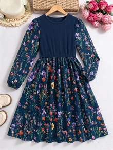 Tween Girls Dress, Navy Blue, Slim Fit, Casual Wear, Fashionable Versatile, Elegant, Floral, Ruffle, Party, Print, Autumn, Sweet - Multicolor - View 5