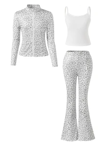 SHEIN Elladie kids 女童豹紋三件套，立領夾克+細肩帶背心+喇叭褲，完整日常穿搭。修身不緊繃，溫柔優雅。適合學校、運動和與朋友出遊 - 淺灰色 - 查看 8