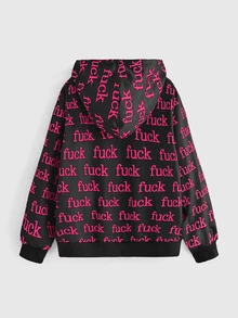 ROMWE Autumn/Winter Punk Slogan Street Print Open Front Hooded Sweatshirt - Hot Pink - View 2