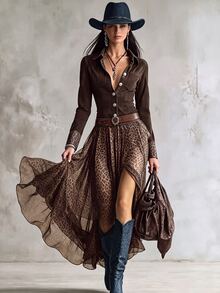 Glimmora 女款秋冬復古時尚純色拼接不對稱豹紋下擺長袖洋裝 - 咖啡棕 - 查看 5