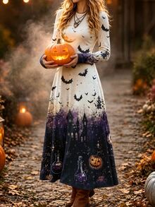 Breezaya Women's Round Neck Halloween Theme Print Long Sleeve Dress - Multicolor - View 5