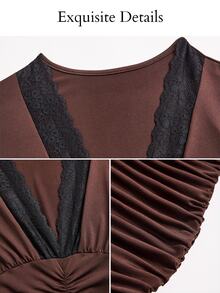 SOLERSUN Sexy Elegant Party Lace V-Neck Fitted Bodycon Mini Skirt For Women Spring Summer (Random Lace Trim) - Brown - View 9