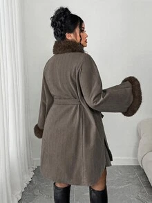 Modelyn Plus Size Vintage Faux Fur Collar Zipper Tie Coat For Vacation - Coffee Brown - View 2