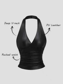 Sweetra Women's Black PU Leather Spaghetti Strap V-Neck Ruched Fitted Camisole Tank Top - Black - View 1