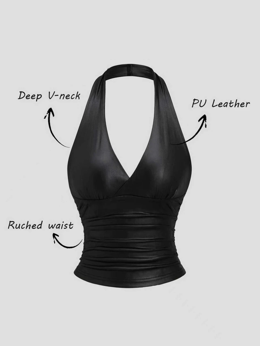 Sweetra Women's Black PU Leather Spaghetti Strap V-Neck Ruched Fitted Camisole Tank Top - Black - View 1