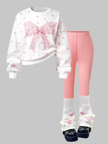 Genkimix Kids 女童韓系活力灰色運動衫與修身長褲蝴蝶結緞帶兩件套 - 彩色 - 查看 1
