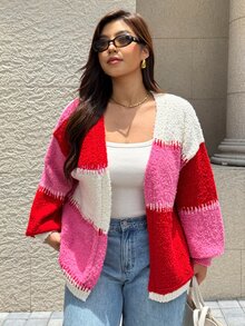 Easura Áo len khoác ngoài dáng rộng phối màu patchwork cổ chữ V tôn dáng thu gọn cho người size lớn, đa năng - Nhiều màu - Xem 6