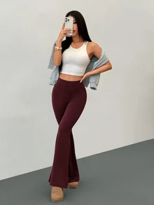 SHEIN PETITE بنطلون طويل نسائي بلون موحد كاجوال متعدد الاستخدامات للارتداء اليومي - عنابي اللون - مشاهدة 9