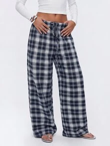 Avantive Women's Plaid Pattern Loose Casual Long Pants - Navy Blue - View 8