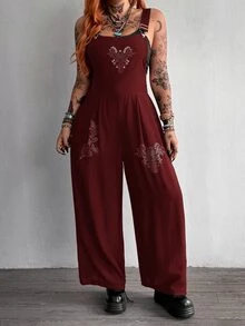 Whyspr Plus Size Wide Leg Floral Print Jumpsuit With Straps, Spring/Summer - Burgundy - View 6