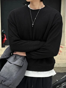 DAZY Spring/Autumn Round Neck Black Ribbed Heavyweight Loose Fit Men's Pullover Sweatshirt - Black - View 5