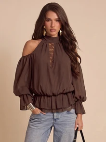 Bluhae Fashionable Elegant Loose Lace Patchwork Cold Shoulder Long Sleeve Autumn Blouse - Brown - View 1