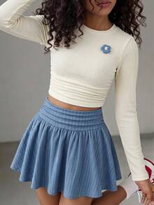 SHEIN Kids Tween Girl Spring Autumn Winter Cute Casual Knitted Textured Decor Long Sleeve Top & Mini Skirt Set, Short Sleeve Top & Pleated Mini Skirt - Blue - View 3