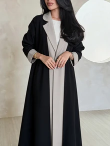 Yasmyna Women Black Grey Contrast Lapel Front Wide Sleeve Open Front Abaya Coat Dubai Middle East Fall Formal Kaftan Robe - Multicolor - View 6