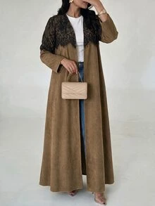 Yasmyna عباية نسائية بنية اللون مفتوحة من الأمام مزينة بتطريزات دانتيل بألوان متناقضة، بأكمام طويلة، بتصميم رومانسي أنيق مستوحى من الطراز العربي - بني - مشاهدة 8