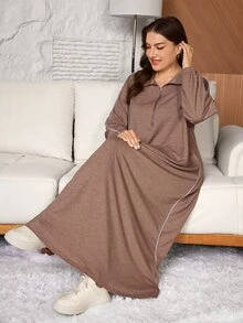 Lacomfia Women's Long Sleeve Trim Loose Casual Daily Versatile Plus Size Long Sweatshirt - Khaki - View 3