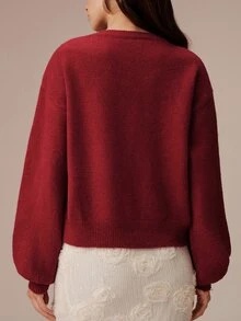 BELROSIE Fall Dark Red Solid Color Round Neck Lantern Sleeve 3D Pearl Embellished Cardigan With Pearl Buttons Women's Elegant Romantic Party Dinner Night - Burgundy - View 5
