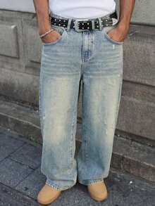 VOXRYNE 男士街頭風休閒藍色牛仔褲 - 淺色水洗藍 - 查看 4